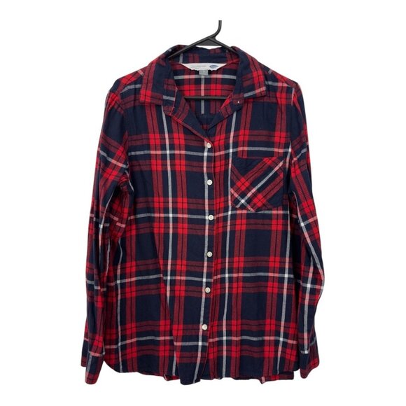 Old Navy The Classic Shirt Womens L Red & Navy Plaid Button-Up Long-Sleeve Shirt - Picture 2 of 13